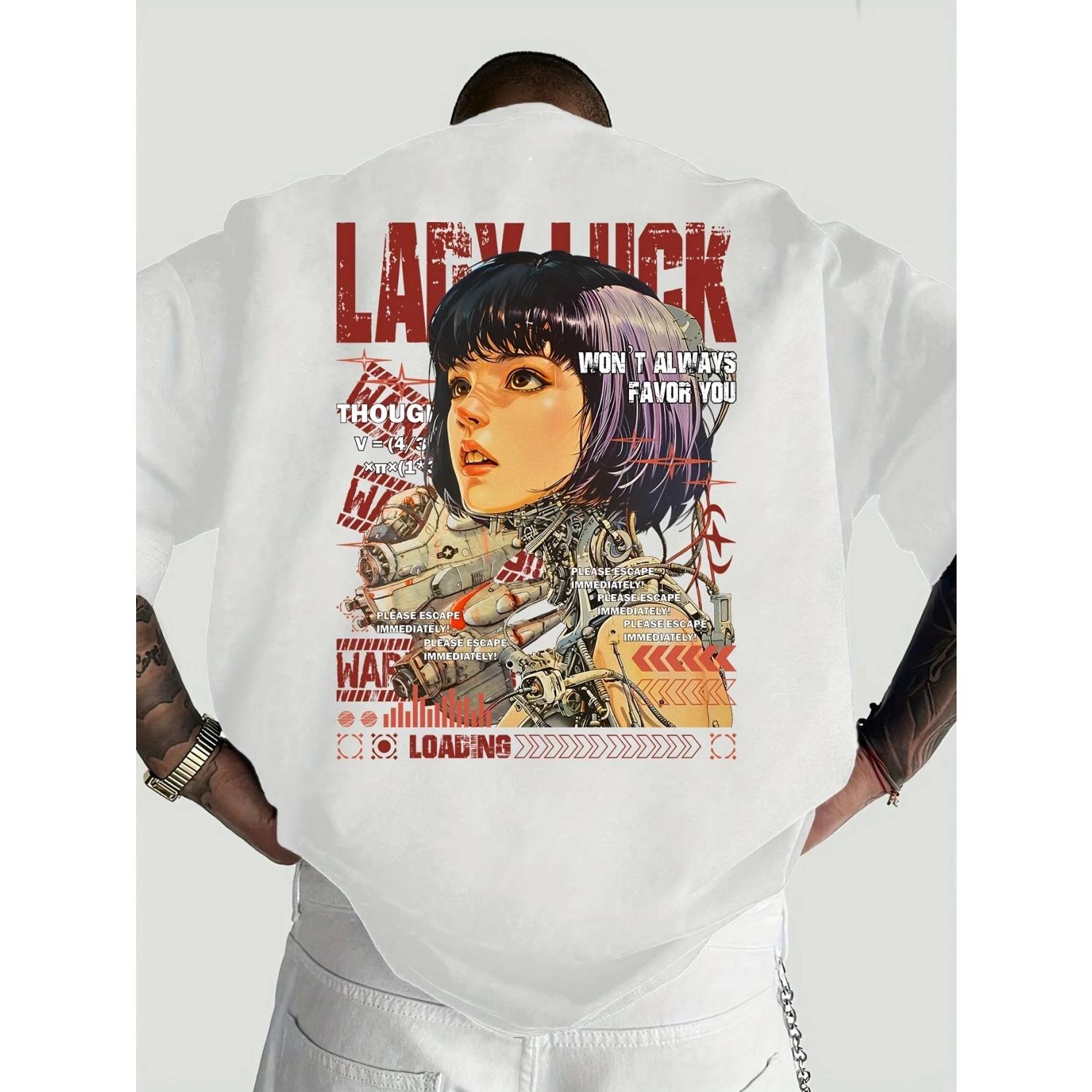 

Men s Cyber Punk Mech Pattern T-shirt - Loose Casual Short Sleeved T-shirt with _Lucky Goddess_ Printed on It, Summer Streetwear S чёрный