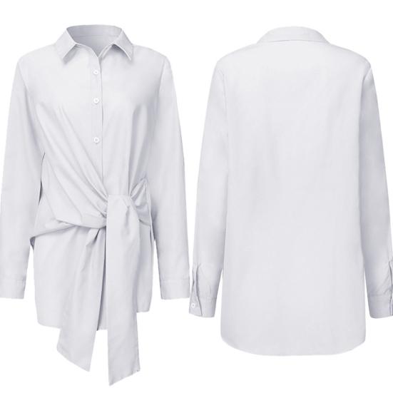 Women Fashion Turn Down Collar Waist Lacing Buttons Asymmetric Shirt Blouse