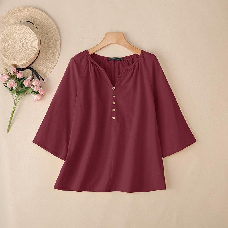 

ZANZEA Женская повседневная блузка из хлопка свободного кроя с круглым вырезом и рукавами 3/4 5XL вино красного