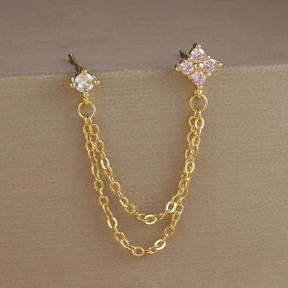 2PCS Stainless Steel December Birthday Stone Square Hanging Earrings Cubic Zirconia Chain Flower Dangle Earring Piercing Jewelry