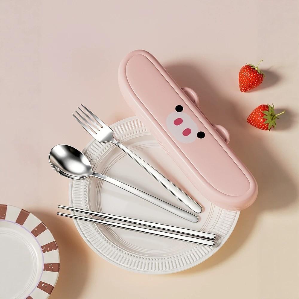 Portable Fork Spoon Chopsticks Set Cartoon Utensils Cutlery Set Stainless Steel Cutlery Sets Kids
