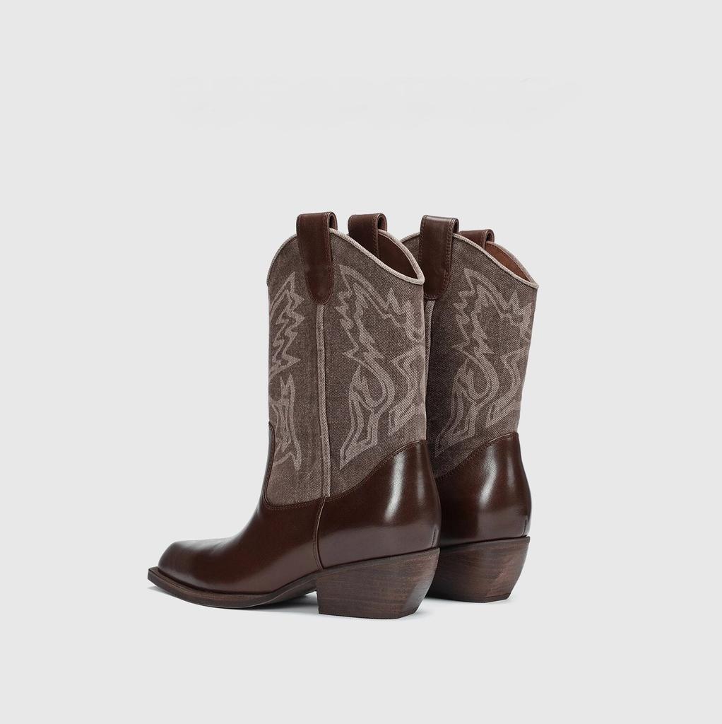 Cai Wenjing and Zhang Yuxi Have the Same Square-headed Thick-heeled Western Cowboy Boots for Women's 2025 Autumn New Thin Retro Short Boots