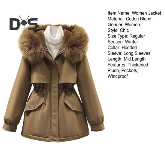 Winter Women Jacket Furry Hood Thickened Plush Long Sleeves Elastic Waist Pockets Zipper Closure Coat Mid Length Windproof Warm Overcoat