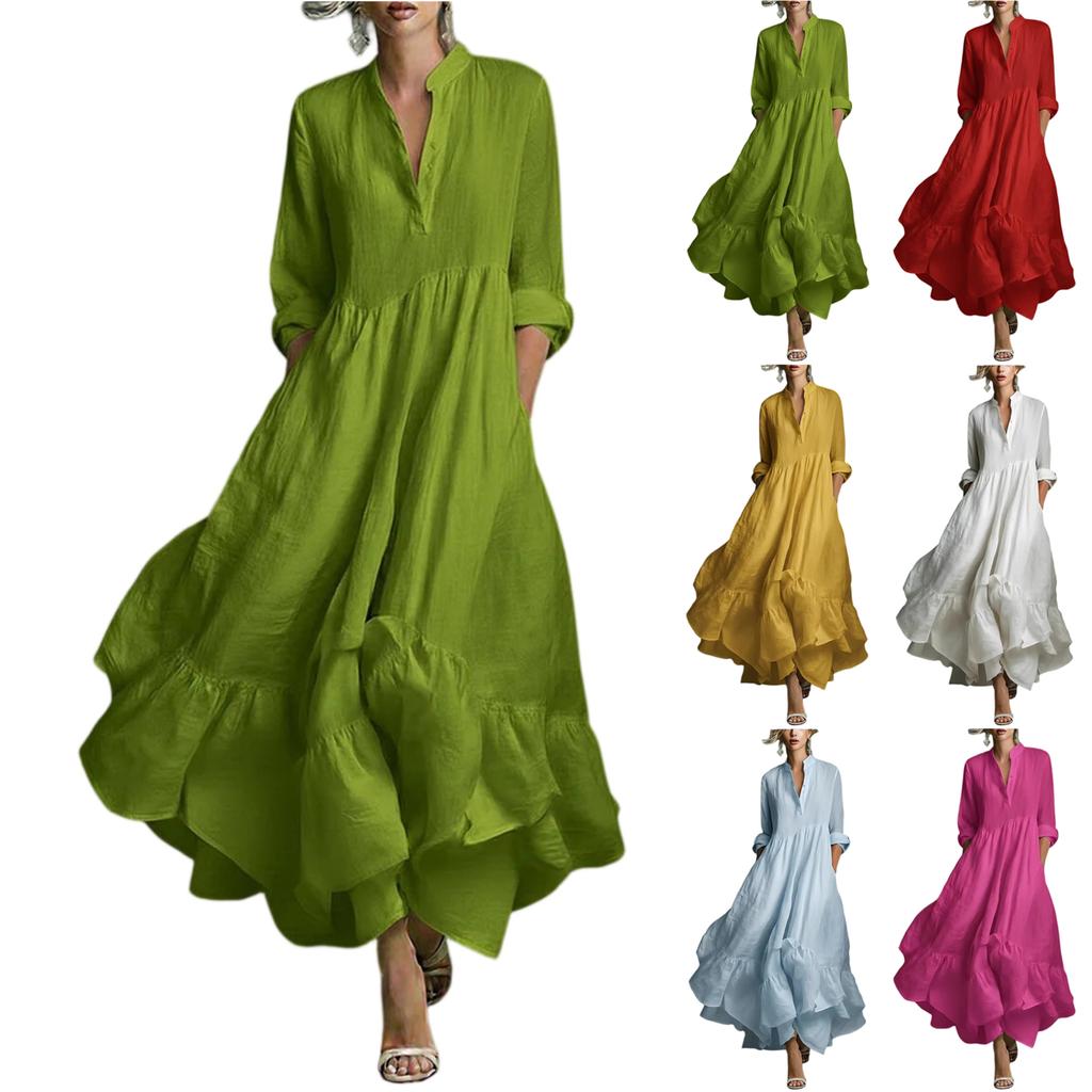 Women's Long Sleeve Loose Fit Maxi Dress Solid Color Round Neck Button Front Casual Full Length Dress with Flared Hem