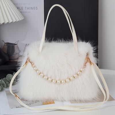 Fashion Faux Fur Crossbody Bag Adorned with Smulation Pearls Women'S Soft Plush Shoulder Bag Available In Deep Pink, White, And Black.