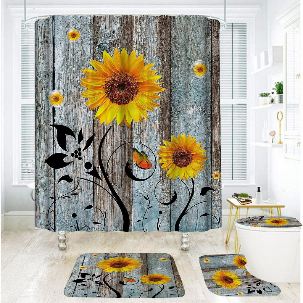 Bathroom Shower Curtain Four-Piece Shower Curtain Waterproof And Mildew-Proof Sunflower Shower Curtain Partition Curtain Free Of Punching