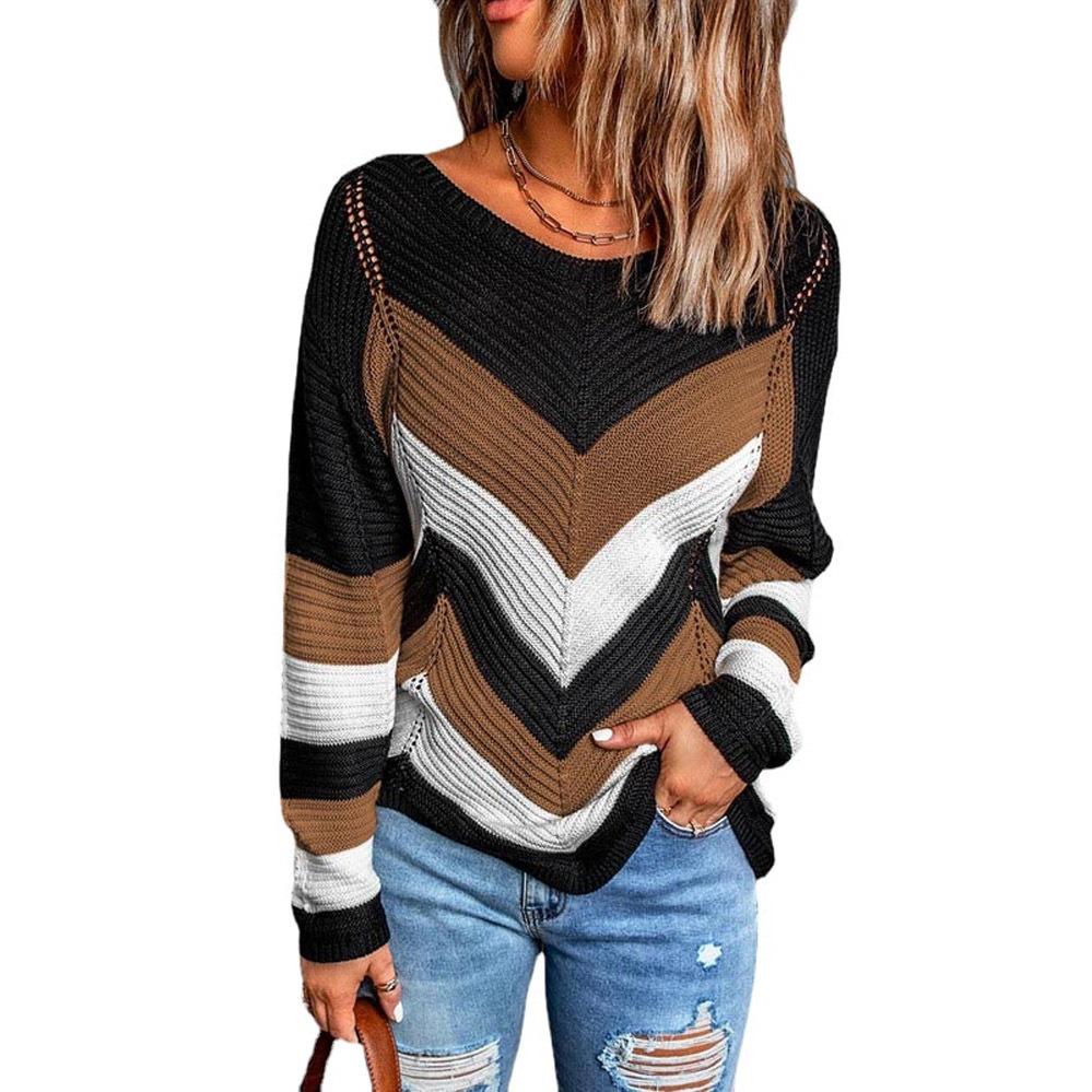 Women Jumper Loose Colorblock Sweater Long Sleeve Scoop Neck Cut Out Dropped Shoulder Casual Ribbed Knit Pullover