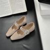 Flache Einzelne Schuhe Damen Neu Wildleder Quadratische Spitze Strass Ein-Wort-Schnalle Mary Jane Schuhe Dicker Absatz Vielseitig