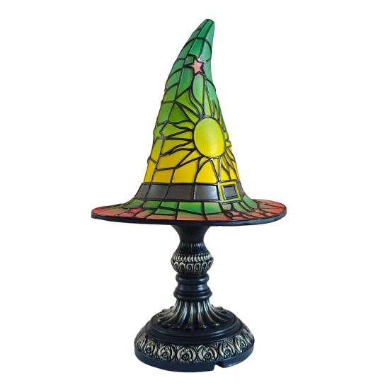 Stained Glass Witch Hat Lamp, USB Powered Night Light for Bedroom Shelf Decor, Halloween Warm Glow Gothic Table Lamp for Home