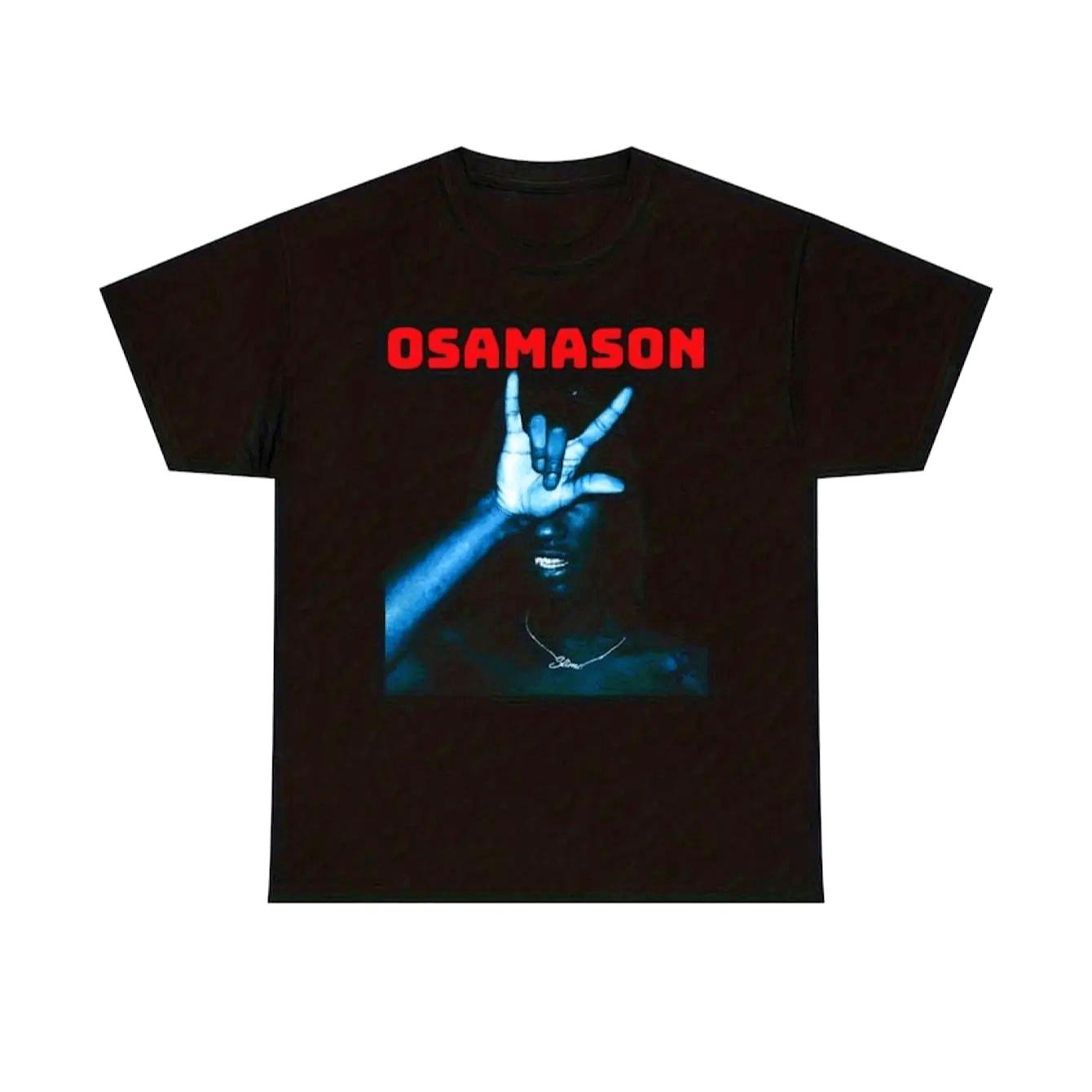 Mens printed street style item black with red OSAMASON lettering and gesture design pure cotton allseason couple Tshirt S