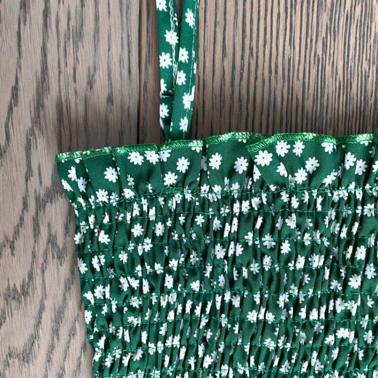 2023 Sommer Blumenbedrucktes Chiffon Mini Kleid Damen Lässig Mode Spaghetti Träger Ärmellos Elastisches Hochtaillenkleid