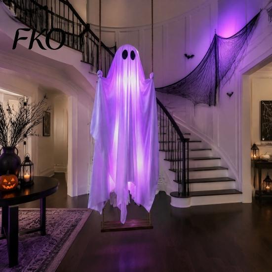 Scary Party Atmosphere Lighting Hanging Ghost Swing Halloween Decoration with Remote Control & LED String Lights, Waterproof Creepy Window Props Decor