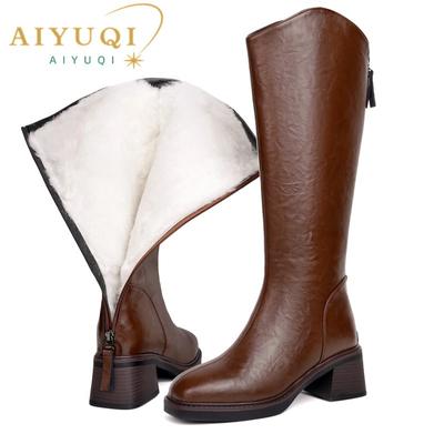 Modne Zimowe Buty Damskie Skóra Naturalna Wełna Naturalna Ciepłe Damskie Buty Jeździeckie Kwadratowy Nosek Zamek Boczny Westernowe Buty Kowbojskie Damskie