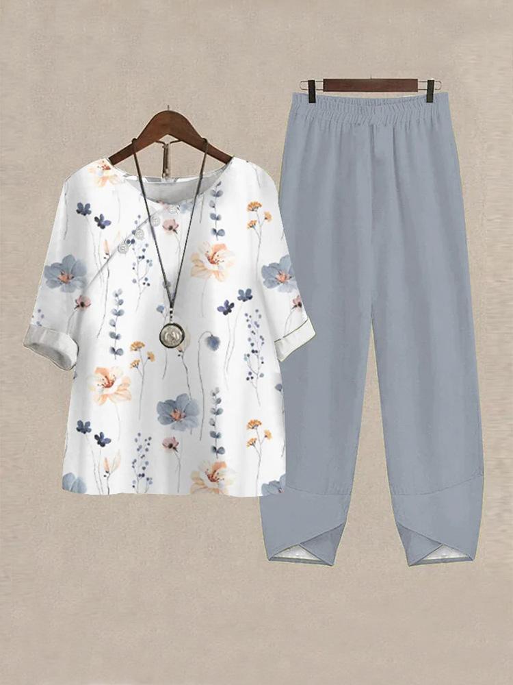 2025 foreign trade cross-border new women's clothing, casual round neck five-quarter sleeve top, digital printing women's two-piece set