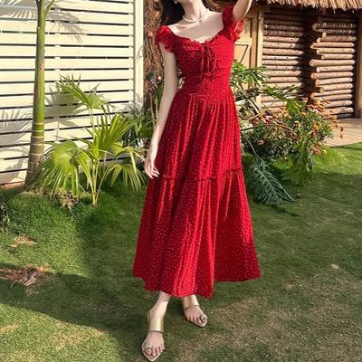 French Retro Red Polka Dot Sweet Temperament Dress Women's Summer Waist Thin Holiday Style Design Long Dress