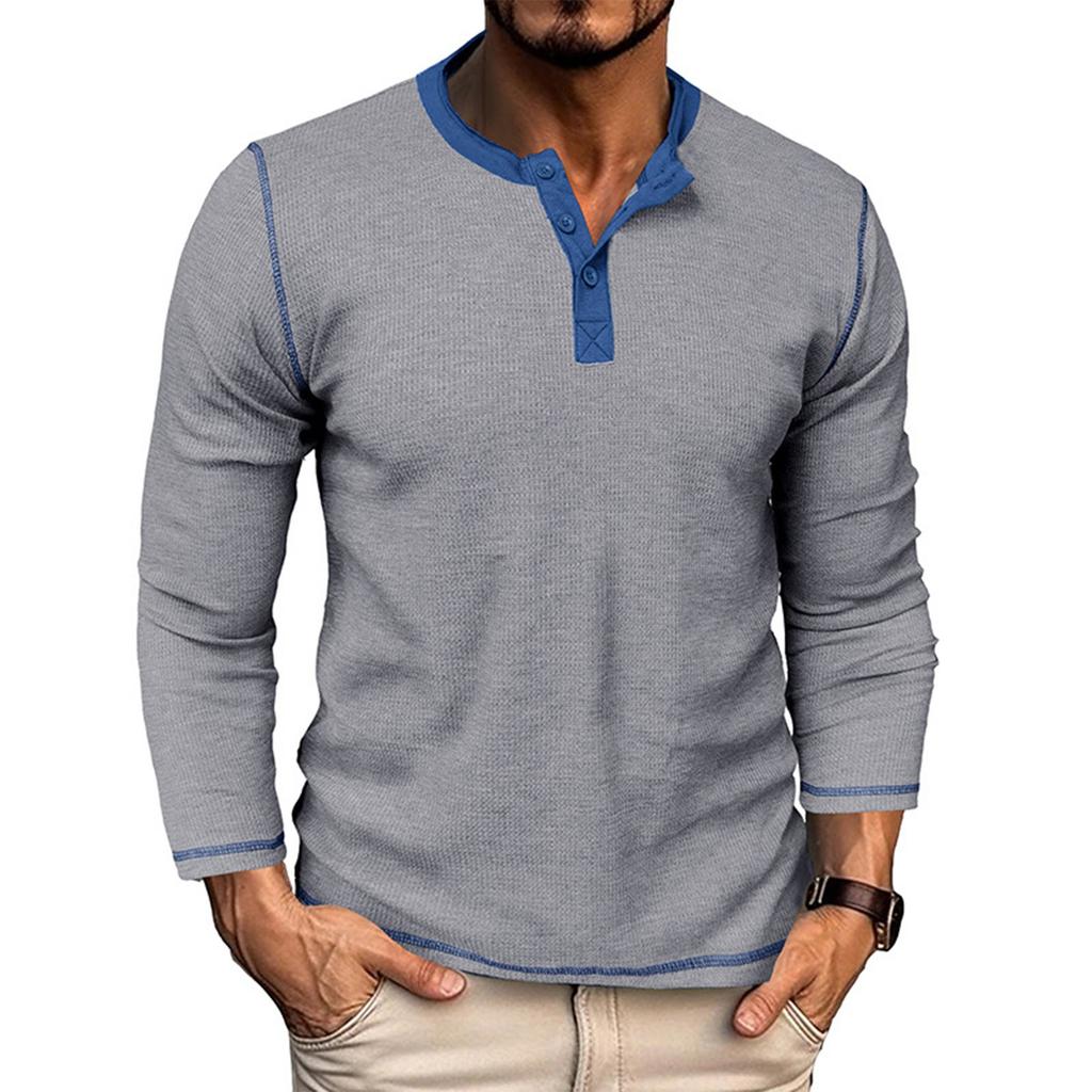 Men's Color Blocked Versatile Long Sleeved Shirt Retro T-shirt Bottom Shirt