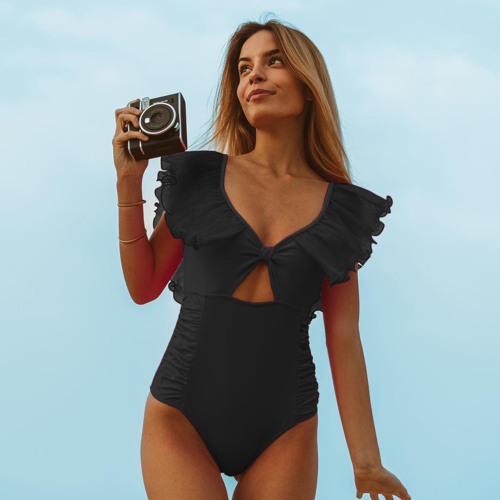 2024 New Ruffle Swimwear Women V Neck One Piece Swimsuit Summer Halter Beachwear Sexy Bathing Suit Vintage Swimwear Monokini Fem