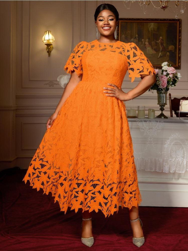 

Elegant Women Lace Dress Irregualr Length Wedding Guest Bridal Shower for Bride Midi O Neck Hollow Out Classy Business Party New 2XL помаранчевий