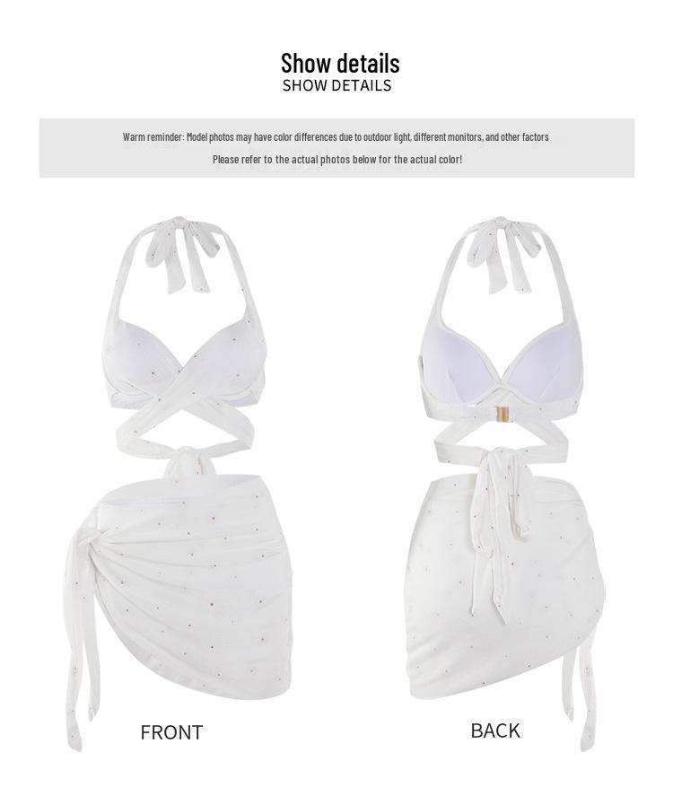 Dámská třídílná bikiny sada v japonském a korejském stylu 2024: Sexy na ramínka, zeštíhlující, rozparkové plavky na dovolenou nebo do horkých pramenů