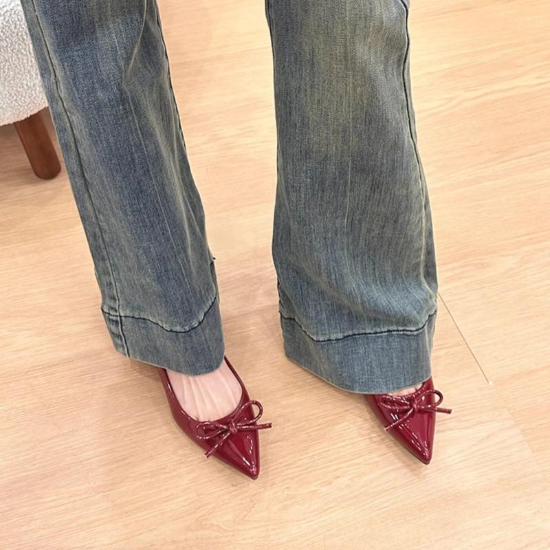 Fashion Heightened Inside Patent Leather Flat Single Shoes for Women New Pointed Toe Shallow Bow Soft Sole Shoes for Women