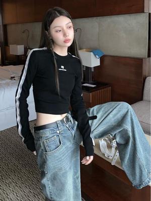 Black Hot Girl Pure Desire Long-Sleeve Slim Fit T-Shirt for Women