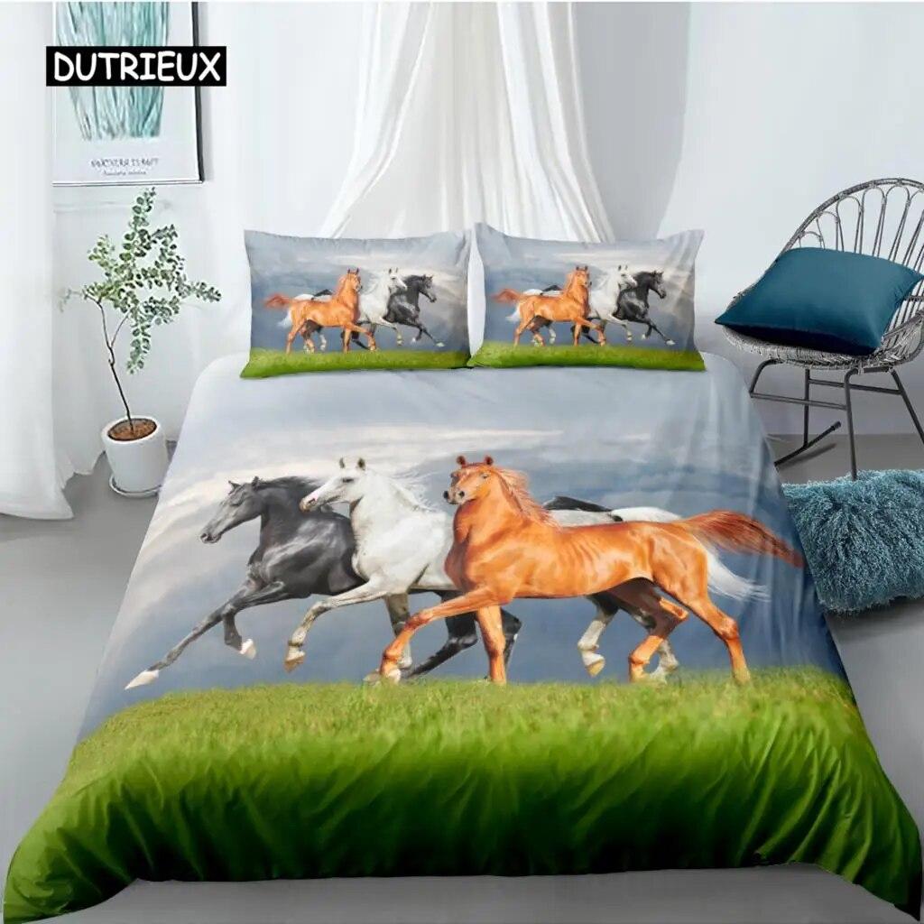 Horse Duvet Cover Set Twin King Size Galloping Steed Bedding Set Microfiber 3D three piece set Farm Animals Rustic Country Style Comforter Cover