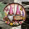 2D Flat Print, 1pc Metal Aluminum Sign, Whimsical Gnome Garden Wall Art with "Welcome Friends" Sign, Colorful Flowers & Butterflies, Rustic Decor for