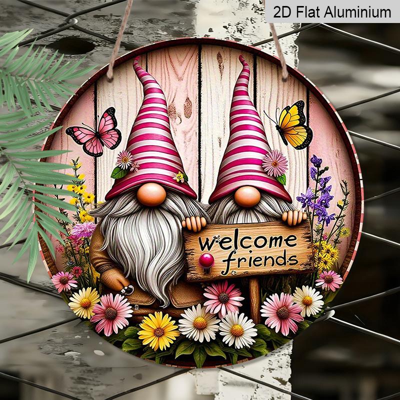 2D Flat Print, 1pc Metal Aluminum Sign, Whimsical Gnome Garden Wall Art with "Welcome Friends" Sign, Colorful Flowers & Butterflies, Rustic Decor for