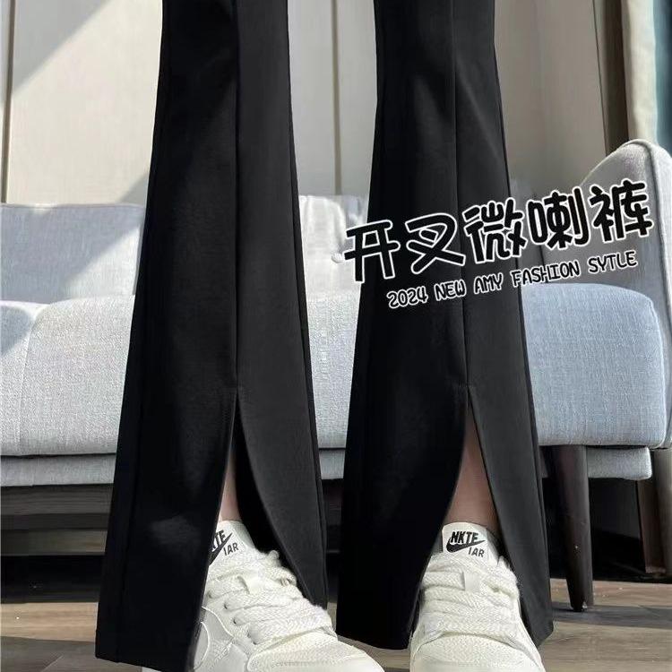 Pantalones de campana negros de cintura alta adelgazantes - Pantalones casuales elásticos para mujer petite con puños para primavera y otoño