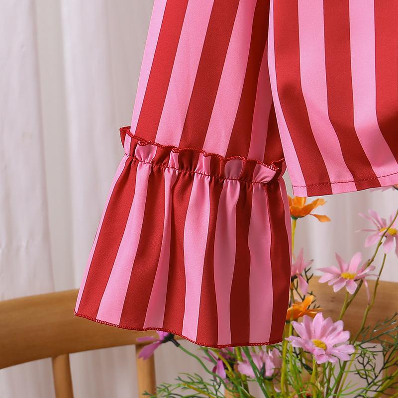 Girls' Casual Set: Fall Children's Bell-Sleeve Lace Blouse and Striped Pants Two-Piece Set