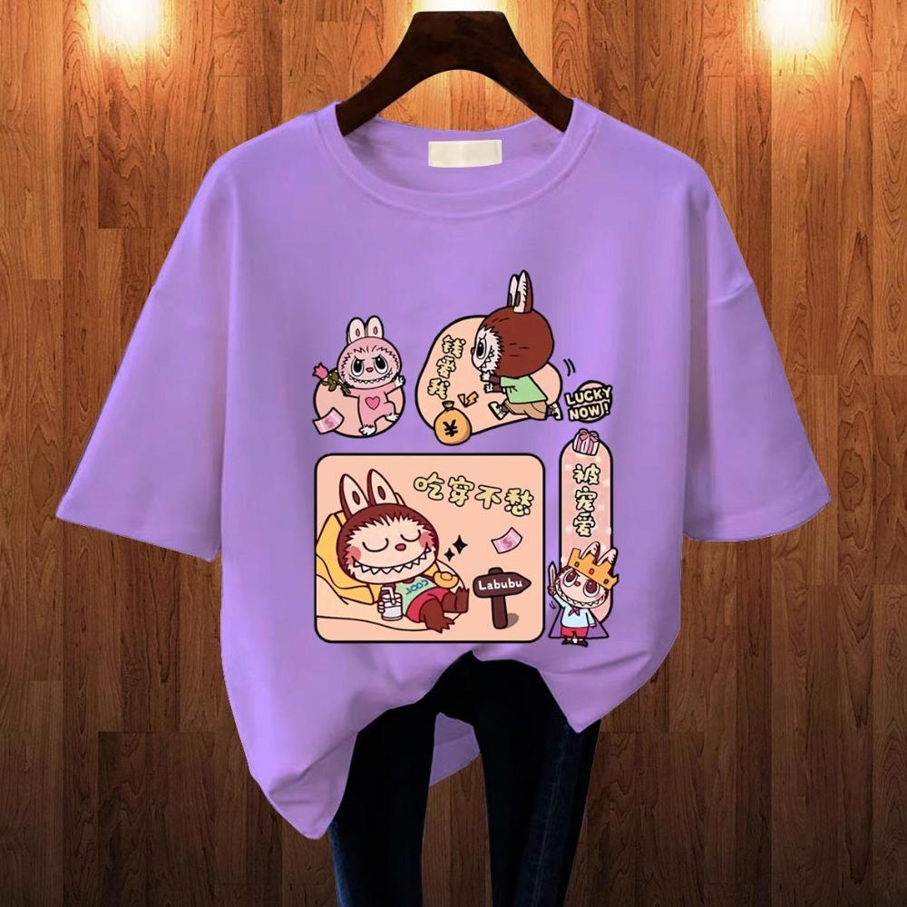 2025 Popular Children's Clothing Short Sleeved LABUBU Rest Holiday Pattern Round Neck T-shirt Cartoon Style Girl's Top