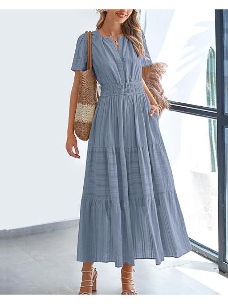 Short Sleeve V-Neck Tiered Ruffle Hem Midi Dress