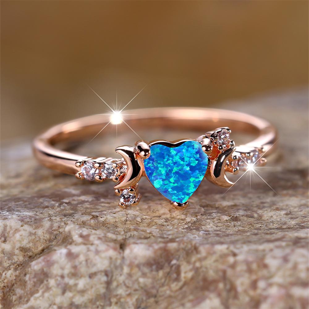 Moon Love Heart Engagement Ring Green Blue White Opal Stone Rings For Women Rose Gold Silver Color Wedding Bands Jewelry
