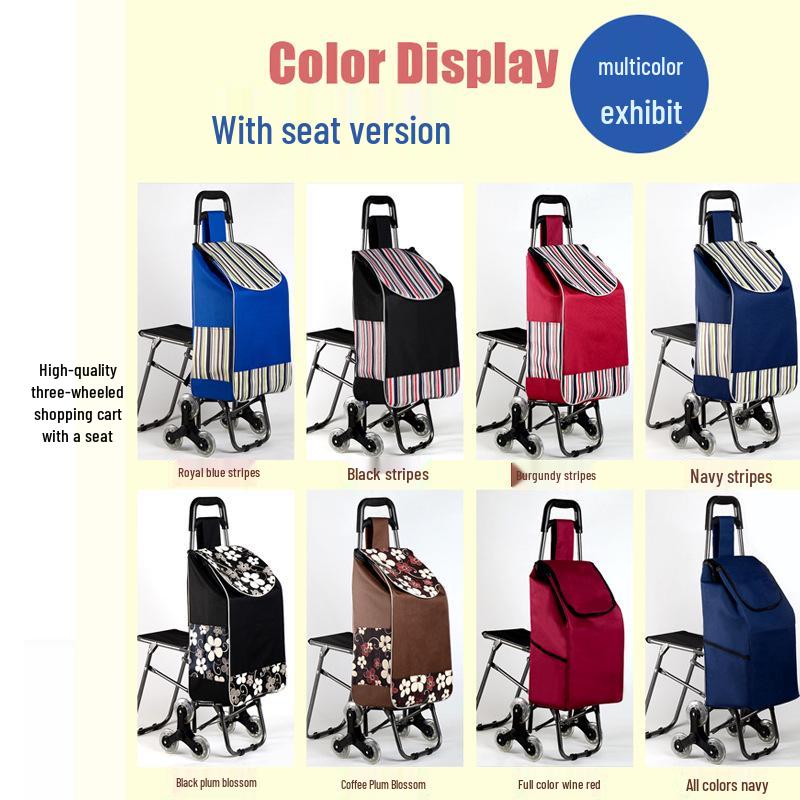 Three-Wheeled Foldable Shopping Cart with Chair, Stair-Climbing Handcart for Elderly, Ideal for Supermarket and Vegetables.