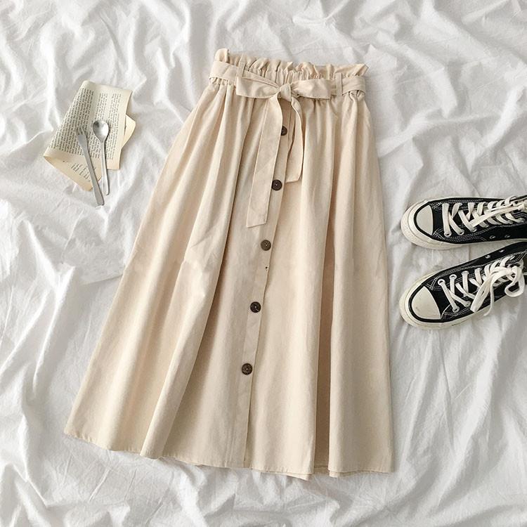 

ins trendy high-waisted skirt summer new South Korea Dongdaemun women s elastic waist medium and long button a-shaped skirt M абрикосовый