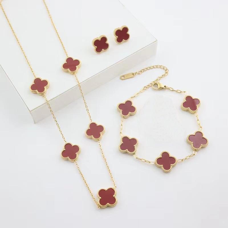 3PCS Versatile Stainless Steel Clover Jewelry Women's Set Necklace Earnail Bracelet Personalized Accessories