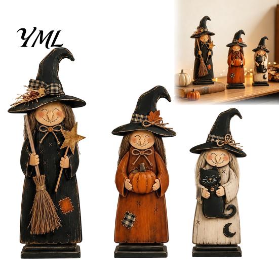 Festival Atmosphere Decorative Accents Wooden Witch Ornament, Retro Halloween Figurine with Broom/Pumpkin/Black Hand Painted Black Cat Cat,