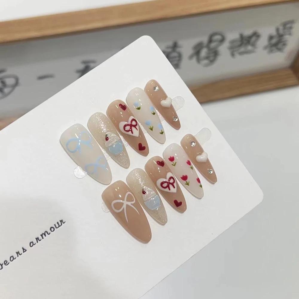 10Pcs Handmade Cat Eye Gradient Long Coffin Stiletto Press On Nails With Glitter Diamond Pearl Flower Bowknot Decorations