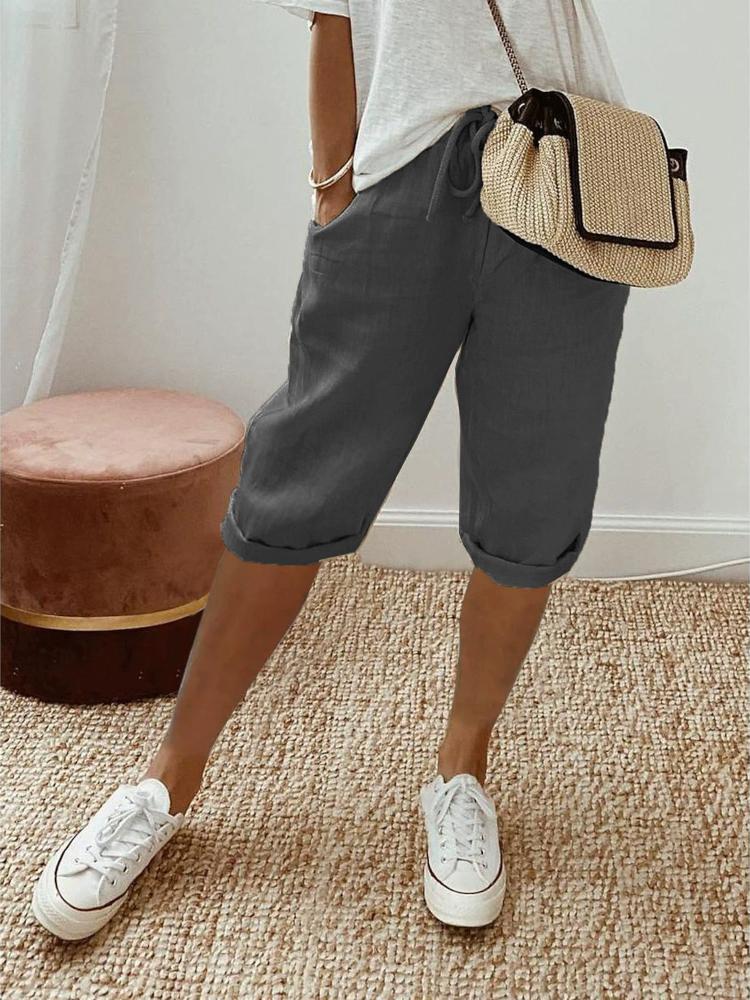 Thickened Fabric Women's Cotton Linen Pocket Elastic Casual Pants Women's Pants Quarter Pants