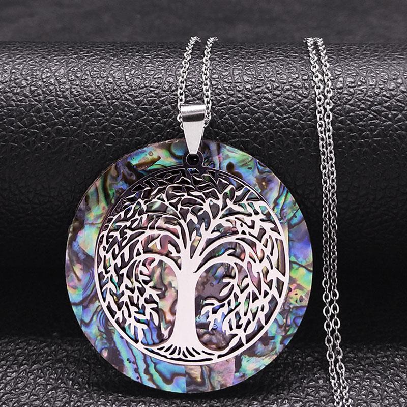 Colier din Oțel Inoxidabil cu Pandantiv Arborele Vieții și Scoică Abalon, Lanț Culoare Aurie, Coliere cu Sidef, Bijuterii Boho, Guler NX