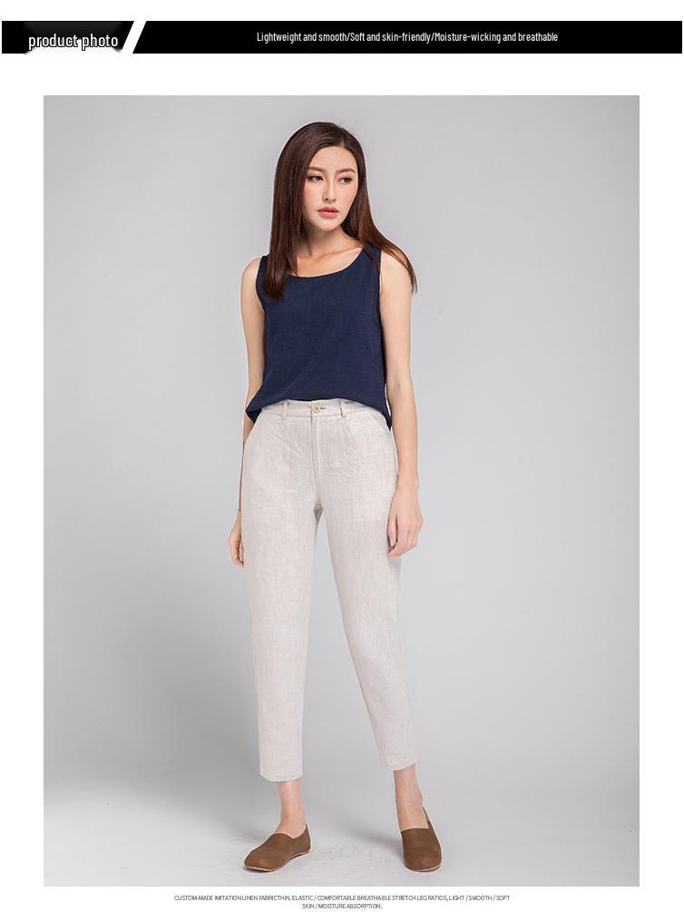 Women's High-Waist Cotton Linen Cigarette Pants - Summer 2025, Petite Eight-Point Casual, Straight Leg