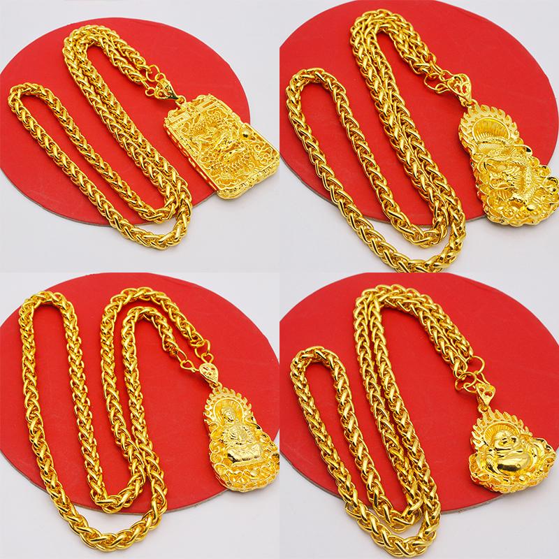 18K Gold Plated Necklace For Women Men Guanyin Golden Dragon Pendant Clavicle Chain Wedding Engagement Not Fade Jewelry Gift