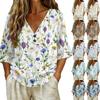 Women Vintage Floral Print V Neck Loose Fit Short Sleeve Blouse Linen Blend Casual Summer Top with Button Detail