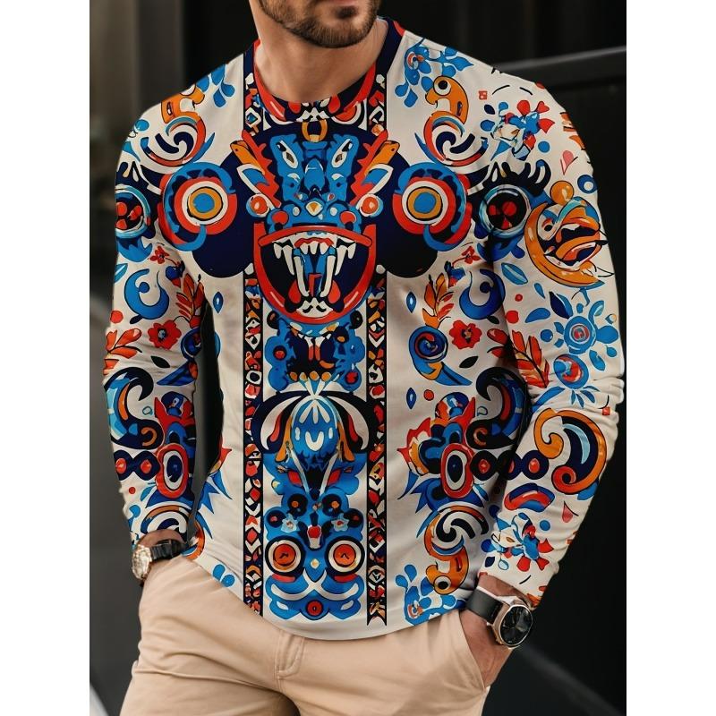 Cool Cartoon Graffiti Print T Shirt For Men Skull Robot Pattern Tees Autumn Casual Long Sleeves O-Neck Tops Loose T-Shirts