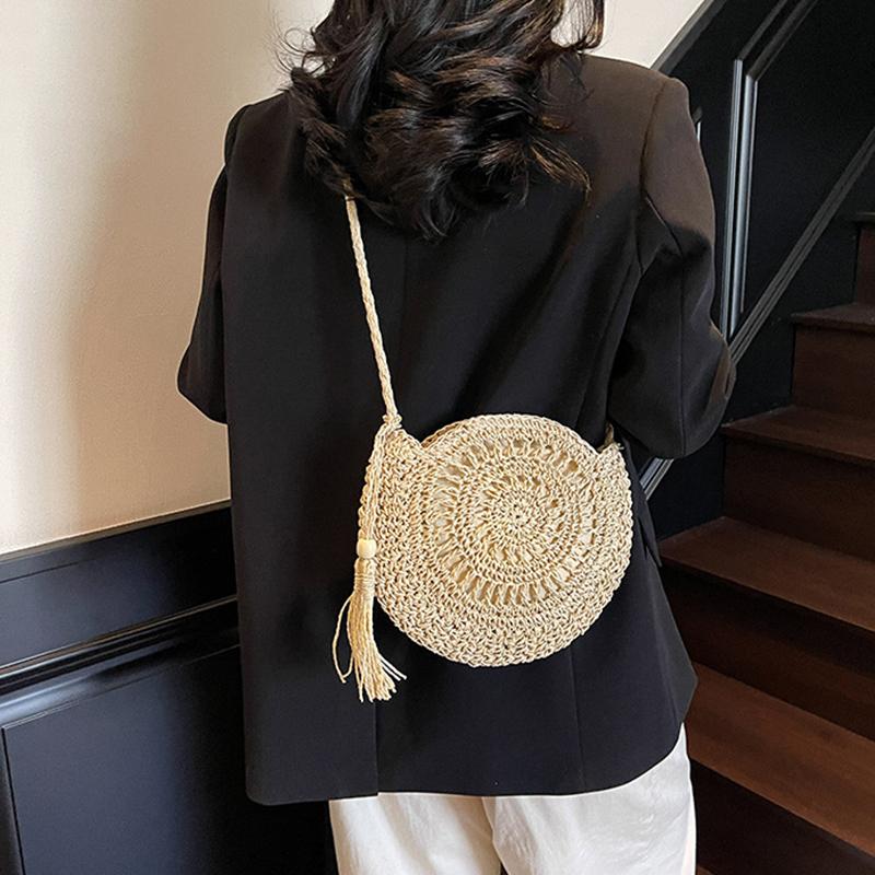 Women Hollow Straw Bag Circle Rattan Bag Round Soft Paper Rope Shoulder MessengerBag Tassel Summer Beach Handmade Crossbody Bags