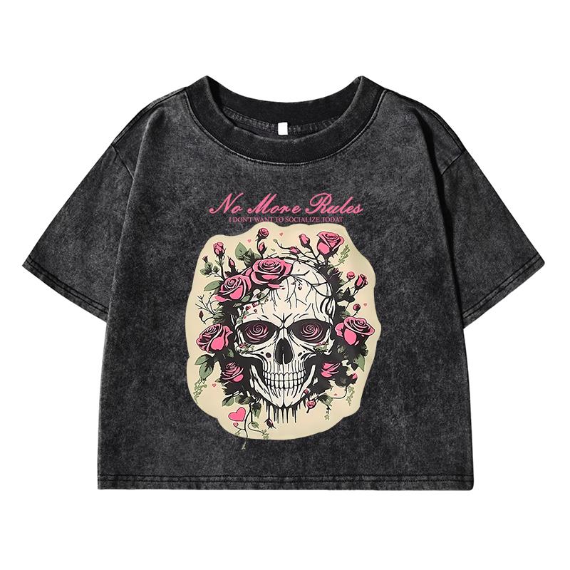 

Женская футболка с коротким рукавом с принтом головы черепа и цветов, дышащая, мягкая, топы, модная повседневная футболка, одежда с эффектом потертости XL