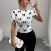 Ladies Summer Short Sleeve O Neck Bowk Breathable Slim Fit Tight Pullover T Shirt Top