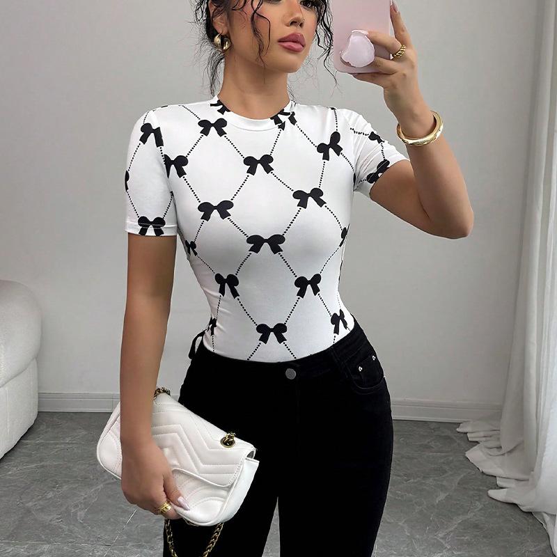 Ladies Summer Short Sleeve O Neck Bowk Breathable Slim Fit Tight Pullover T Shirt Top
