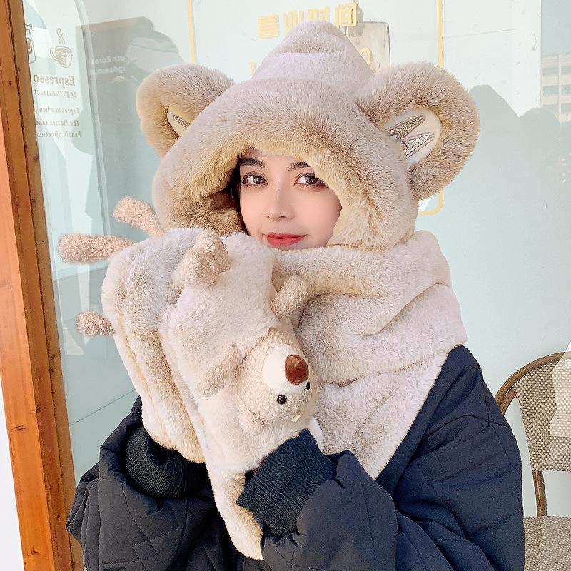 

Шапка женская осенне-зимняя с защитой ушей в виде медвежьих ушек, шарф, перчатки, интегрированный трехкомпонентный шарф, плюшевая милая теплая шапка для велоспорта average size хаки