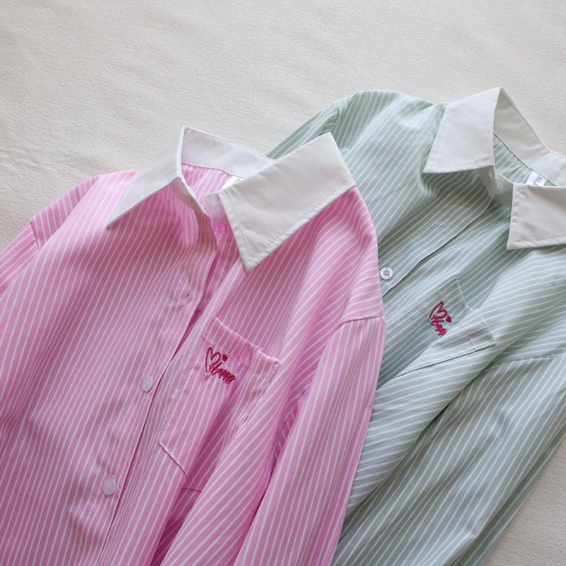 Korean Style Striped Embroidered Loose Long-Sleeve Women's Shirt - Hot Spring 2025 Trend